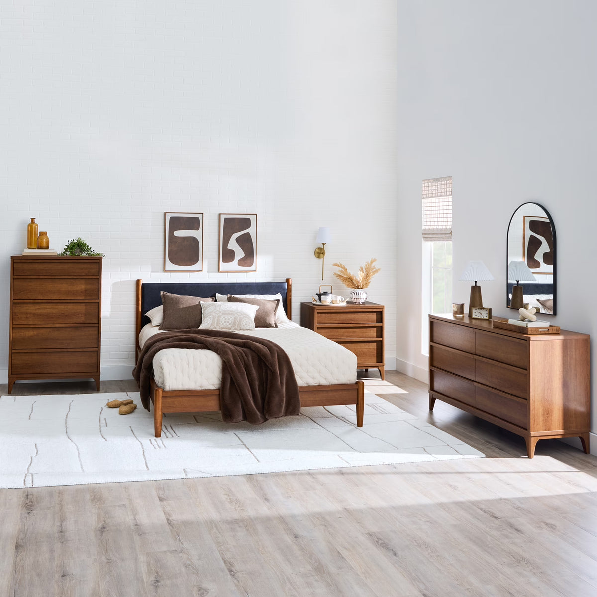 Greyson Queen Platform Bed, Black Faux Leather and Acorn Finish