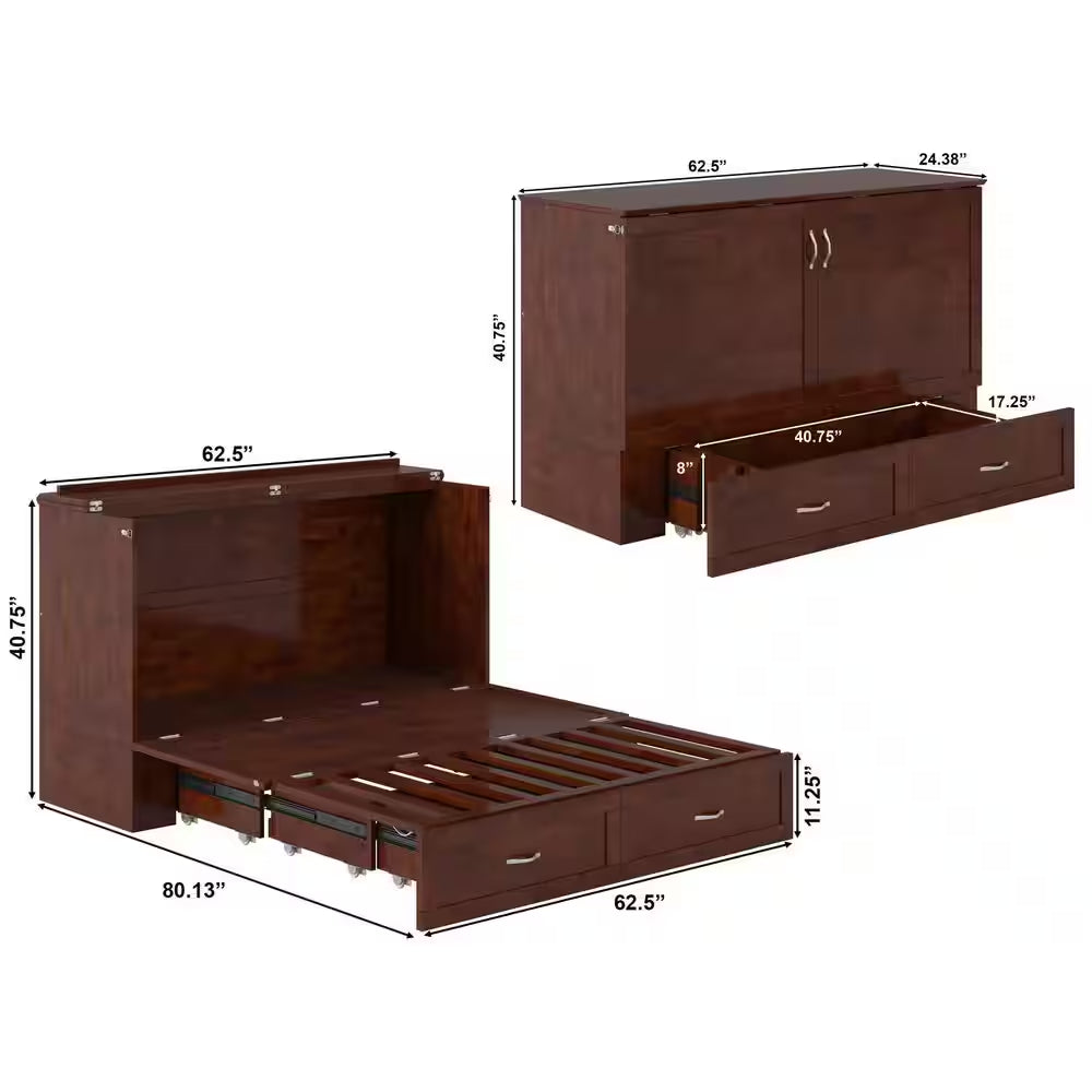 Hamilton Walnut Brown Wood Frame Queen Murphy Bed Chest with 6 In. Mattress, Storage and Built-In Charger