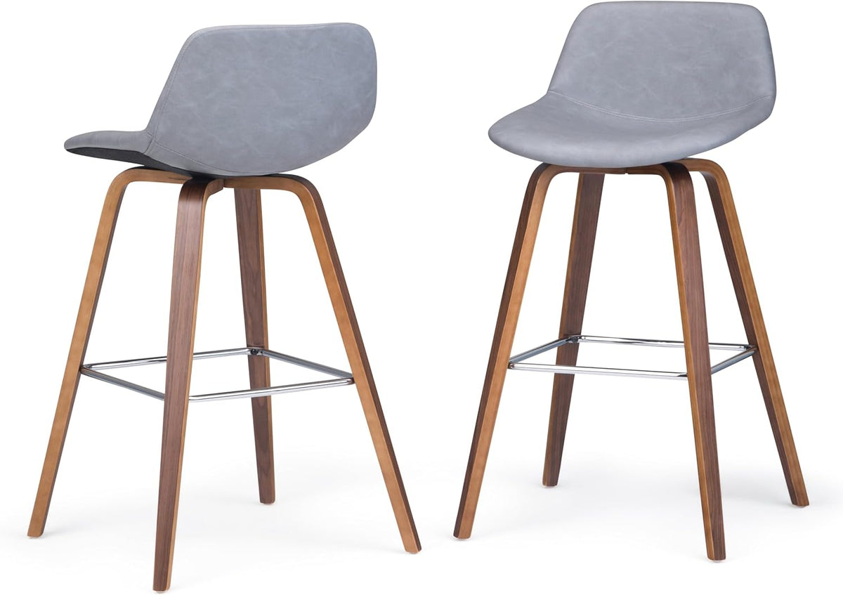 SIMPLIHOME Raya 24" Seat Height Vegan Leather Counter Stool (Set of 2) | Aqua Blue, Mid-Century Counter Stools with Curved Backrest and Footrest; Upholstered Kitchen or Bar Seating.