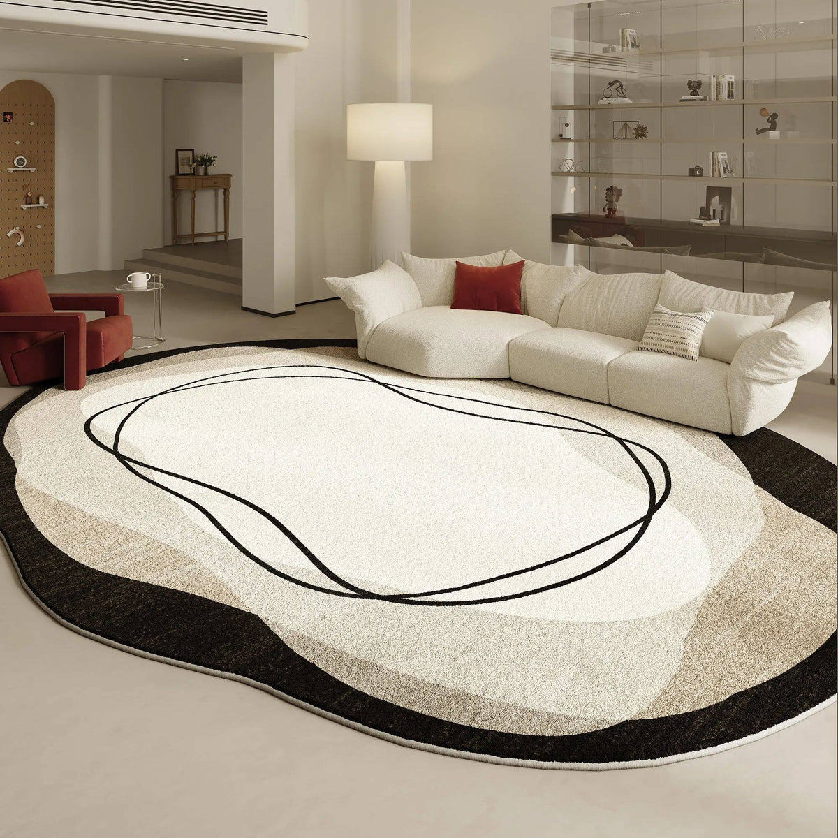 Fontaine Collection | Geometric Atomic-Era Irregular-Form Carpet - presented at scale within a designed interior in a Mid-Century Modern living room setting.