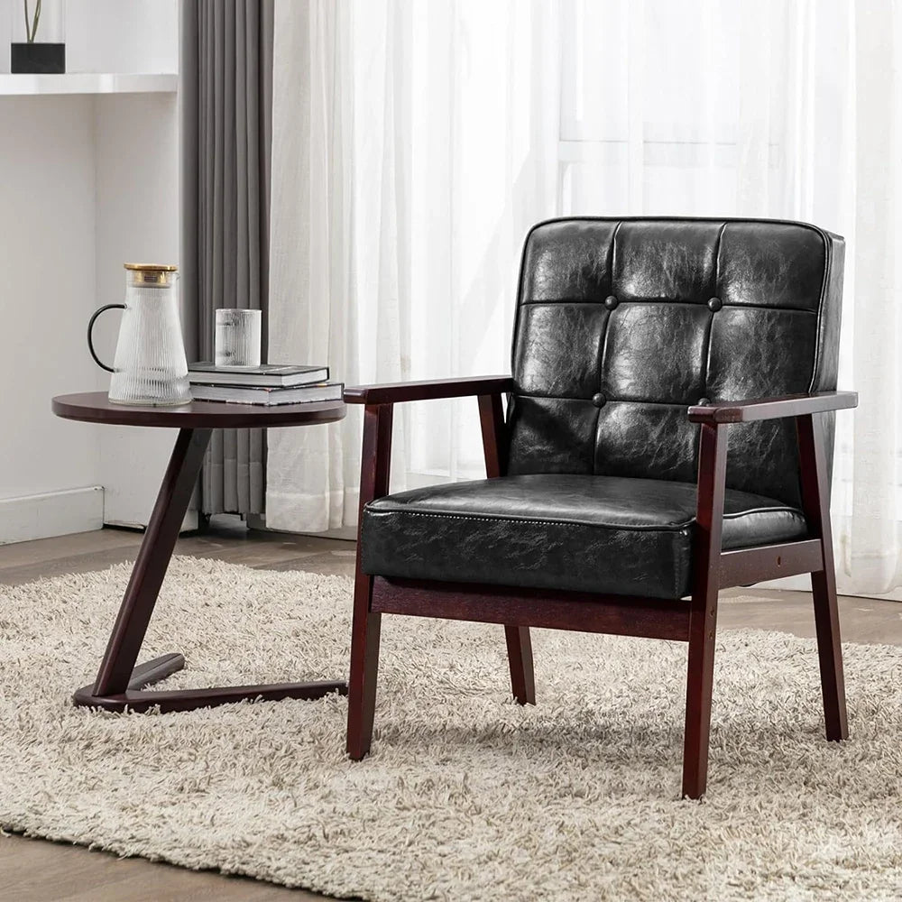 Belmont Collection | Sculptural Leather-Wrapped Cognac Leather Accent Chair - detail view 17 revealing design nuance in a Mid-Century Modern living room setting.