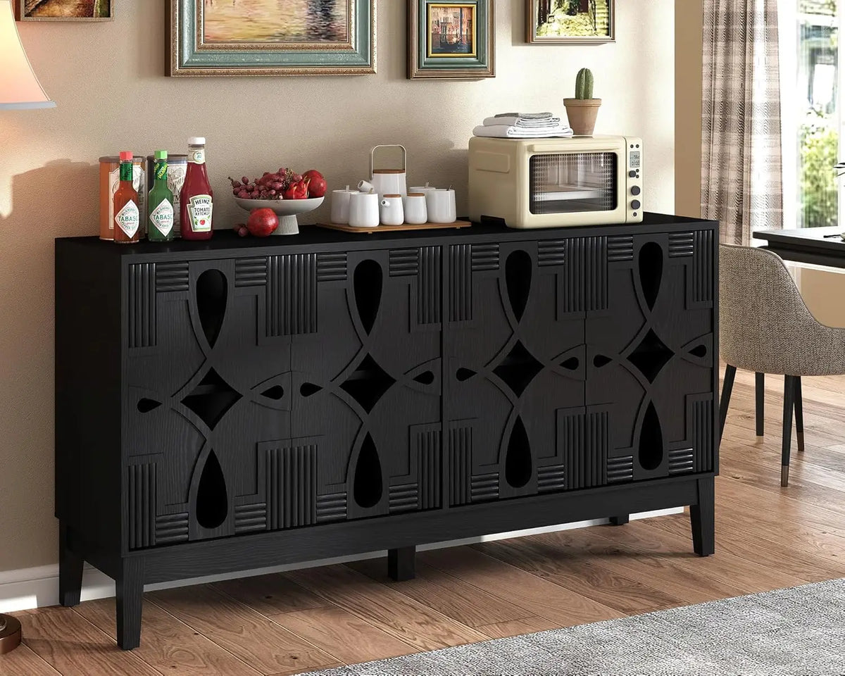 Astoria Collection | Minimalist Brass-Accented Walnut Sideboard - revealing tonal warmth and surface patina under ambient light in a Mid-Century Modern living room setting.