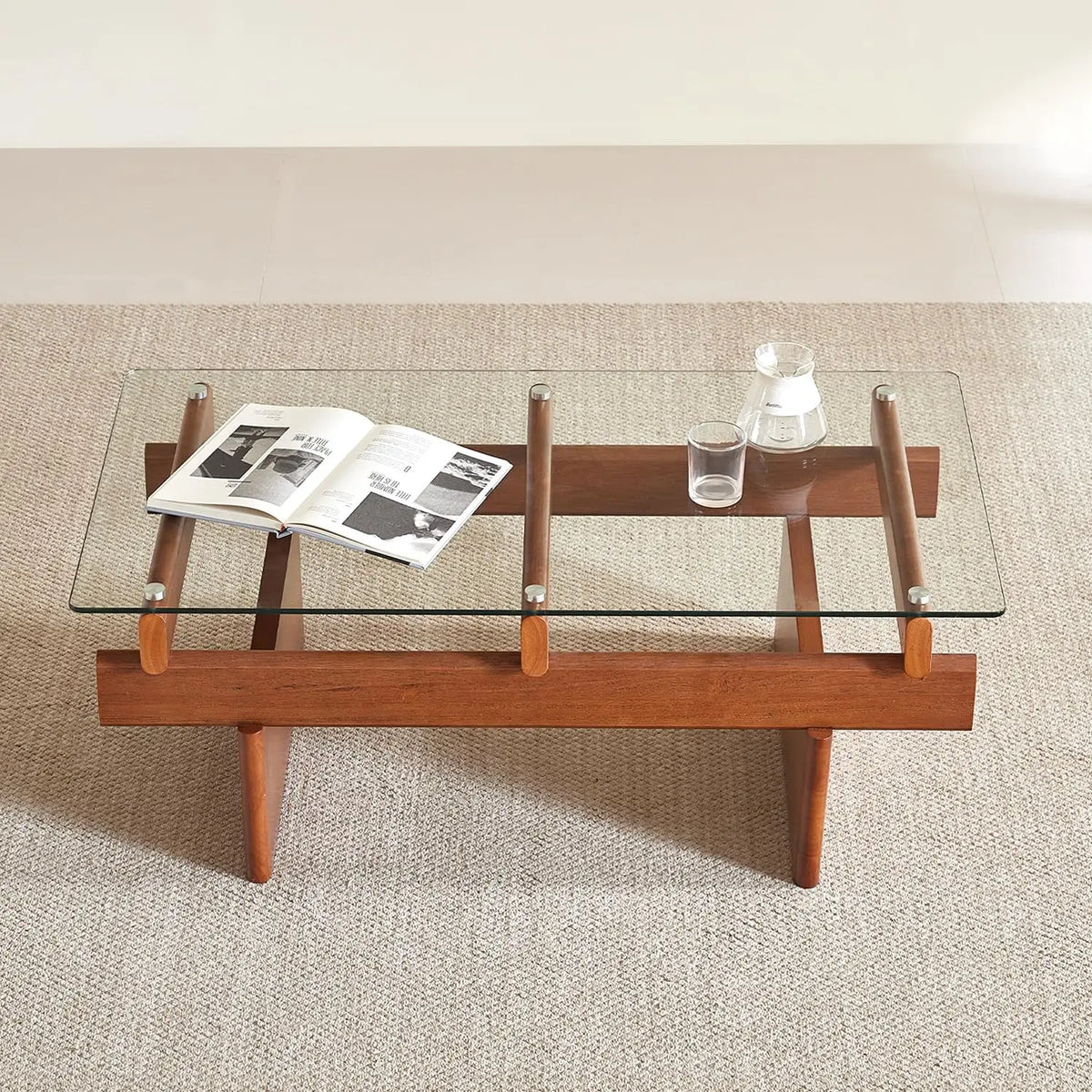 Ellington Collection | Rectangular Walnut Coffee Table - styled from an alternate angle revealing dimensional depth in a Mid-Century Modern living room setting.