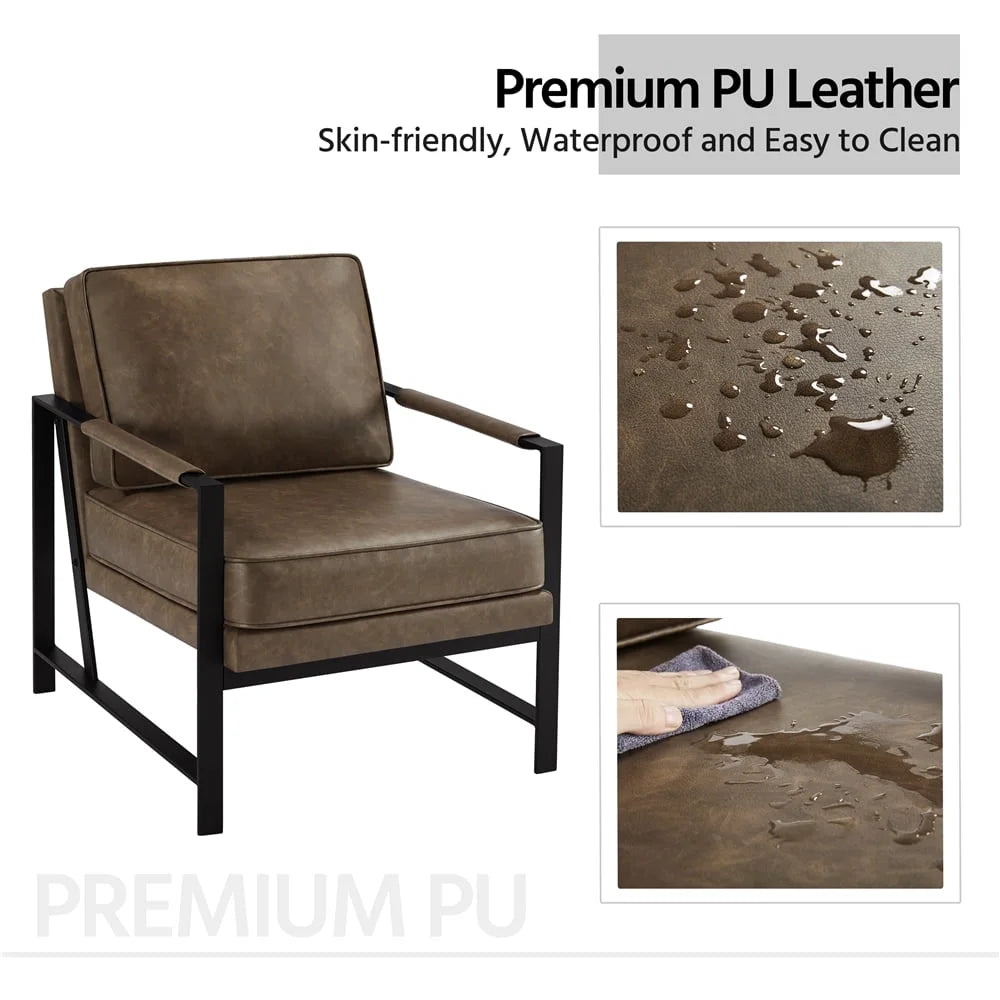 Mid-Century Modern Accent Chair with Metal Frame, Brown Faux Leather