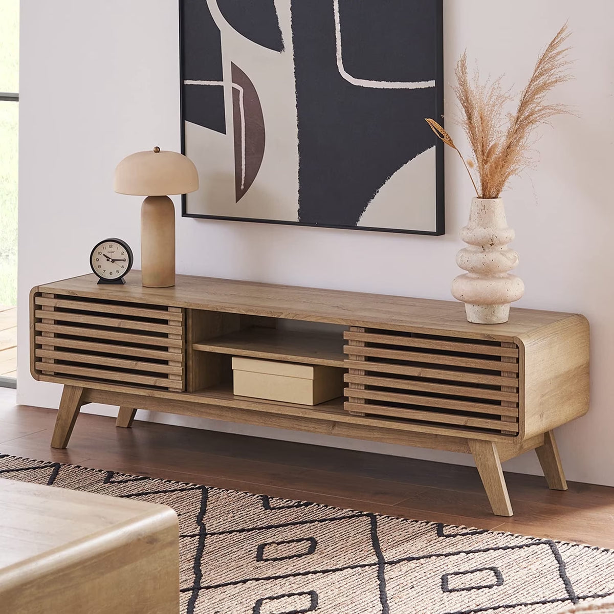 Ensley 59" Low Mid-Century Modern TV Stand Console for TV under 70", Oak