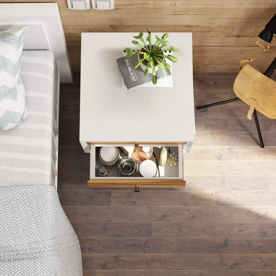 Dresden Collection | Drawer Walnut Nightstand - showcasing full sculptural form and curated finish in a Mid-Century Modern bedroom setting.