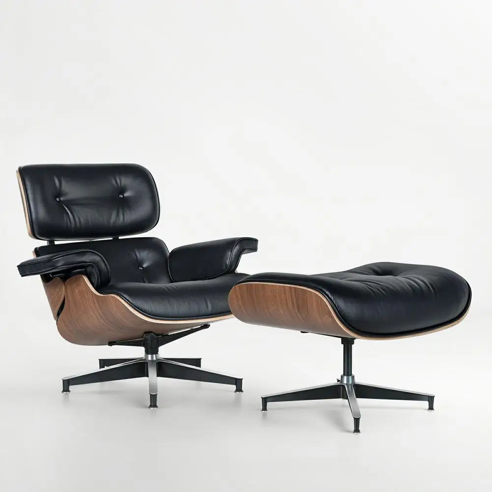 Dresden Collection | Sculptural Leather-Wrapped Cognac Leather Lounge Set - styled from an alternate angle revealing dimensional depth in a Mid-Century Modern living room setting.