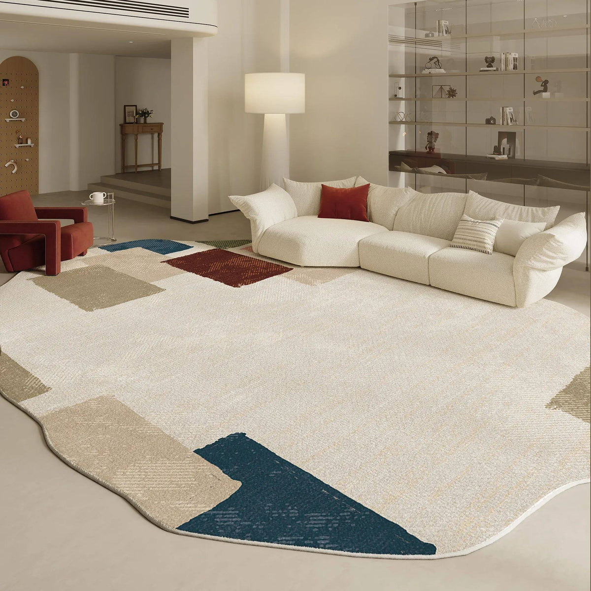 Fontaine Collection | Geometric Atomic-Era Irregular-Form Carpet - highlighting material texture and craftsmanship detail in a Mid-Century Modern living room setting.