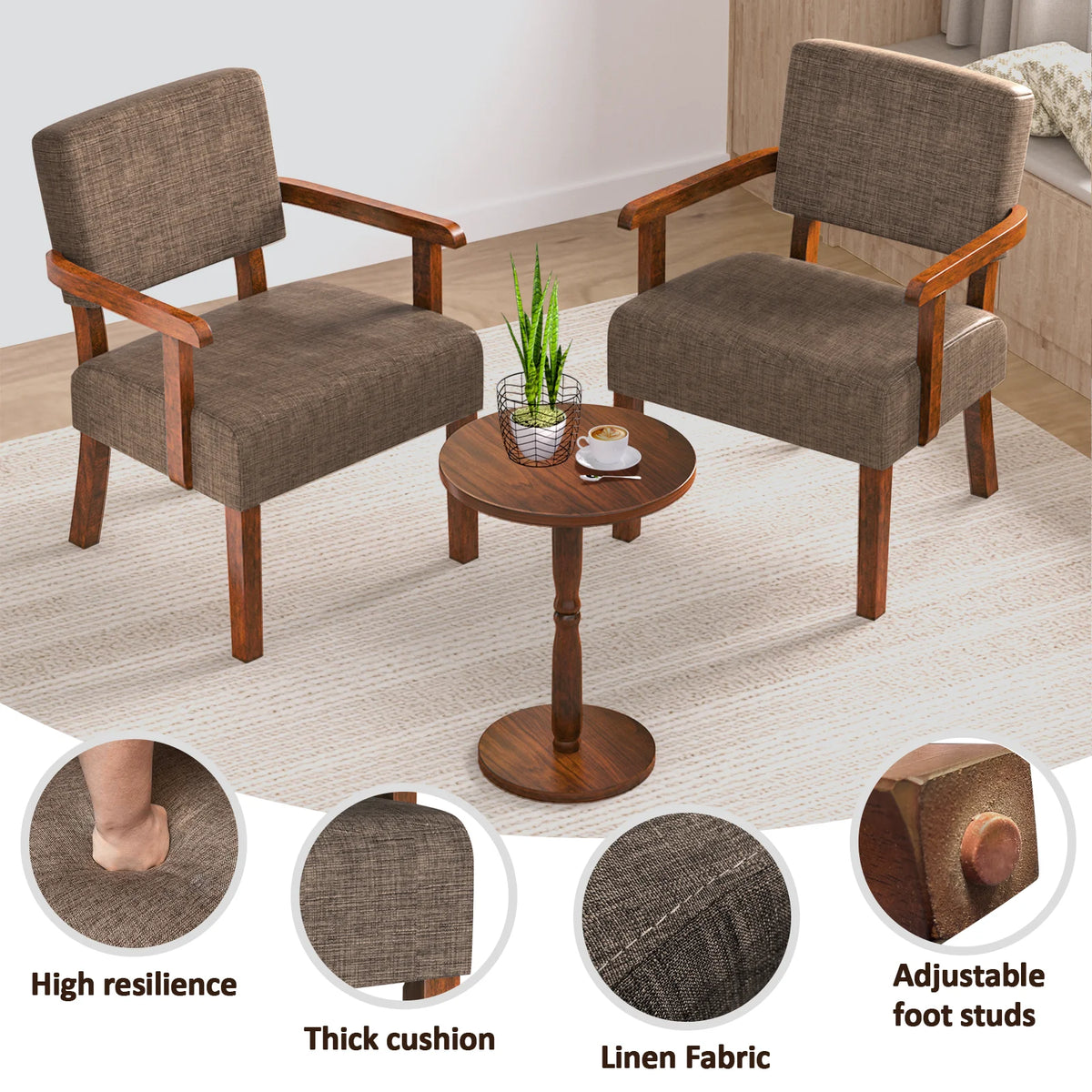 Accent Chair Set of 2 with Table, Mid Century Modern Upholstered Chairs for Living Room,Brown