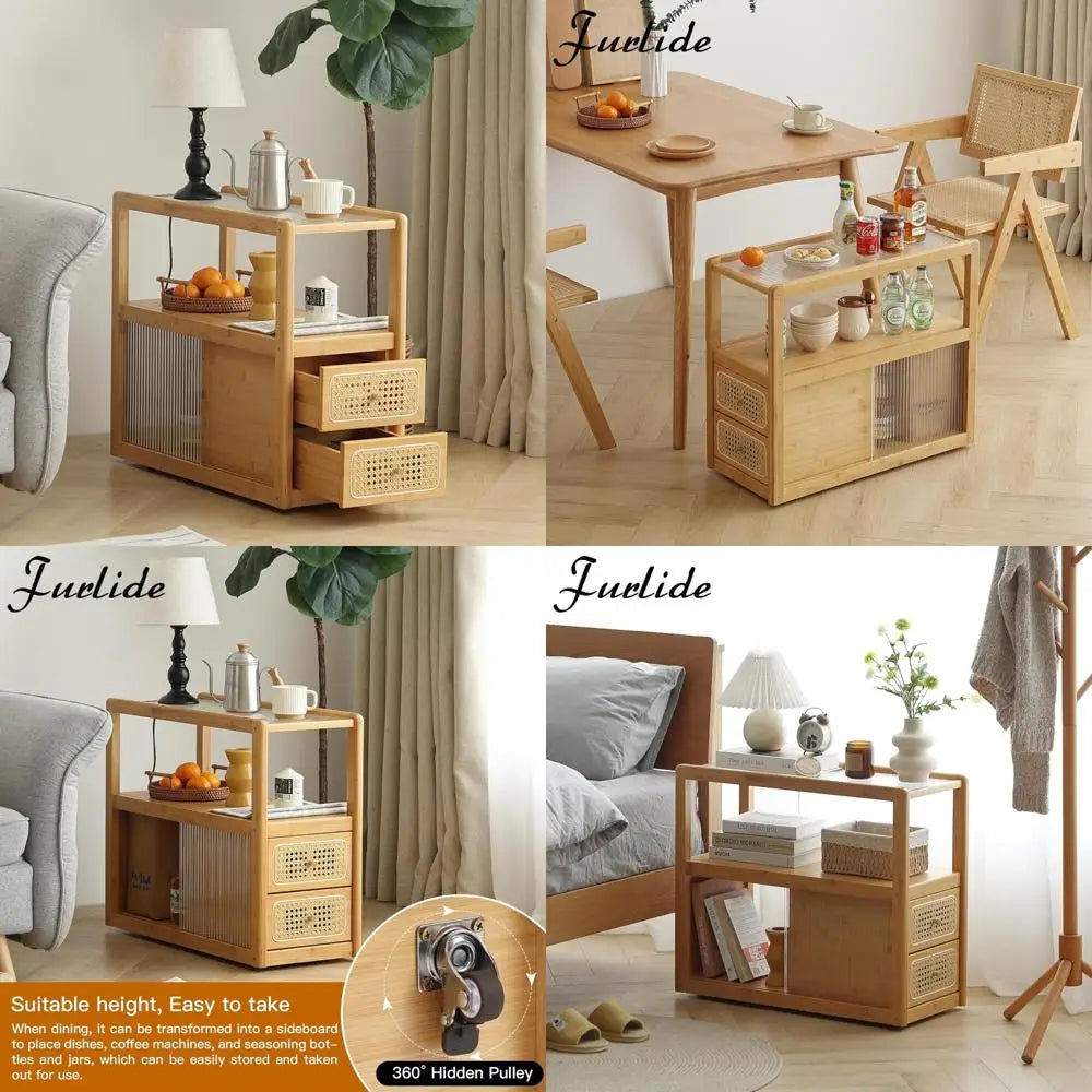 Dresden Collection | Floating Glass-Top Bamboo & Glass Nightstand - styled from an alternate angle revealing dimensional depth in a Mid-Century Modern bedroom setting.