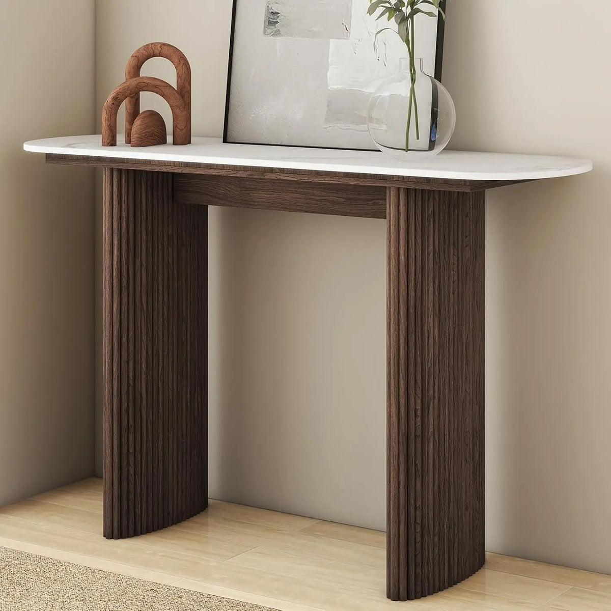 Astoria Collection | Tapered-Leg Atomic-Era Walnut Console - captured in a curated lifestyle vignette in a Mid-Century Modern entryway setting.