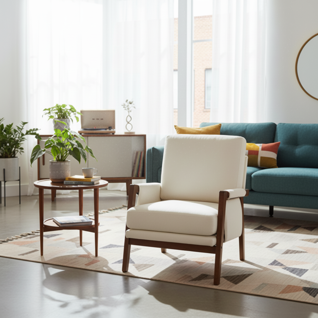 Ellington Collection | Tapered-Leg Brass-Accented Walnut & Brass Accent Chair - highlighting material texture and craftsmanship detail in a Mid-Century Modern living room setting.