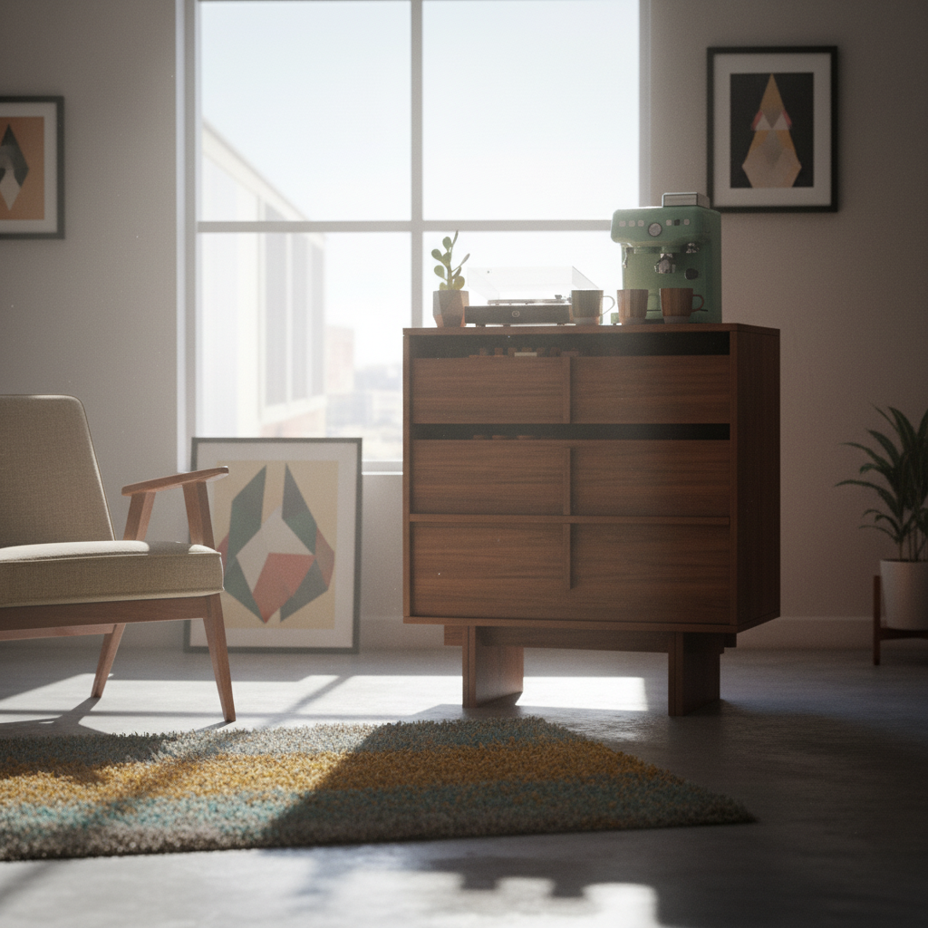 Dresden Collection | Geometric Brass-Accented Walnut Storage Cabinet - styled from an alternate angle revealing dimensional depth in a Mid-Century Modern living room setting.