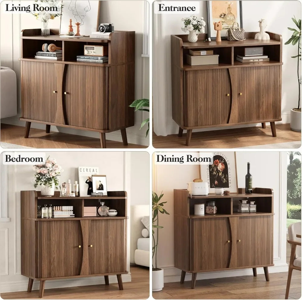 Belmont Collection | Tapered-Leg Brass-Accented Walnut Buffet - captured in a curated lifestyle vignette in a Mid-Century Modern living room setting.