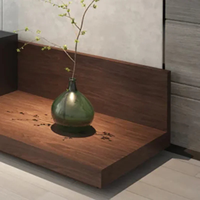 Belmont Collection | Floating Brass-Accented Walnut Floating Media Console - showcasing full sculptural form and curated finish in a Mid-Century Modern entryway setting.