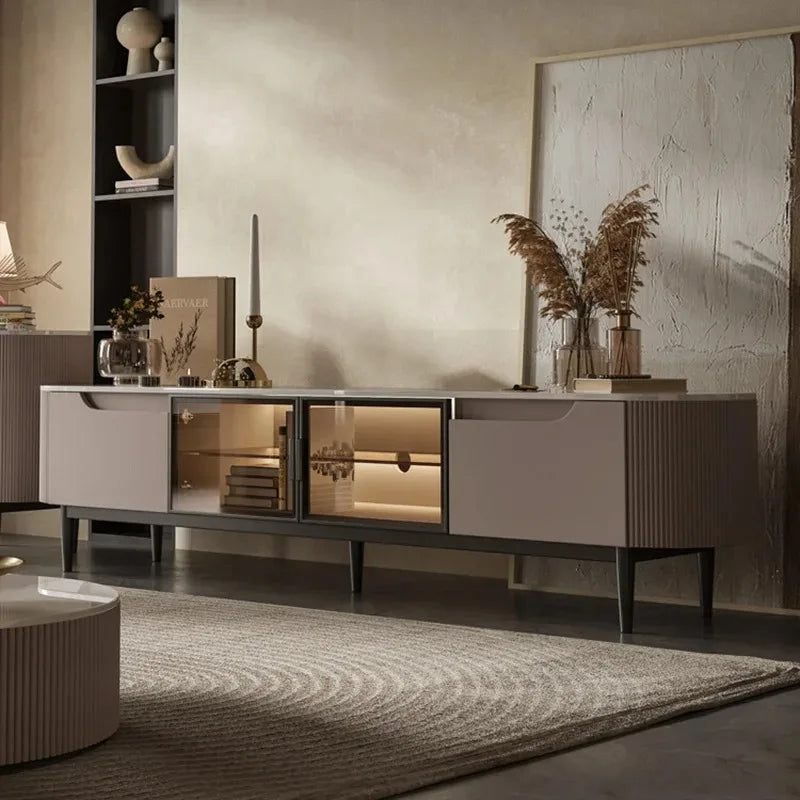 Ellington Collection | Tapered-Leg Brass-Accented Walnut Console - framed in an editorial still-life composition in a Mid-Century Modern entryway setting.