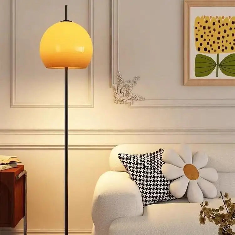 Fontaine Collection | Sculptural Glass-Topped Frosted Glass Floor Lamp - detail view 14 revealing design nuance in a Mid-Century Modern living room setting.