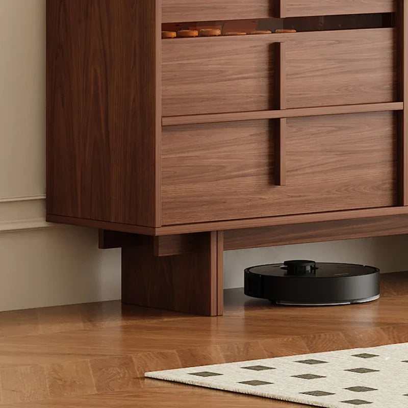 Dresden Collection | Geometric Brass-Accented Walnut Storage Cabinet - captured in a curated lifestyle vignette in a Mid-Century Modern living room setting.