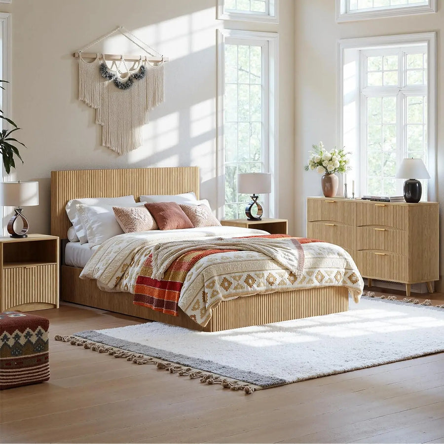 Fontaine Collection | Fluted Brass-Accented Walnut Lift Storage Bed - showcasing full sculptural form and curated finish in a Mid-Century Modern bedroom setting.