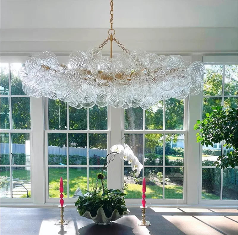 Mid Century Ribbed Glass Pendant Light - Clear Bubble Ball Elegance