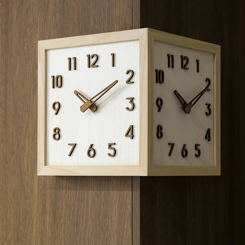 Dresden Collection | Sculptural Atomic-Era Dual-Sided Walnut Clock - presented at scale within a designed interior in a Mid-Century Modern living room setting.