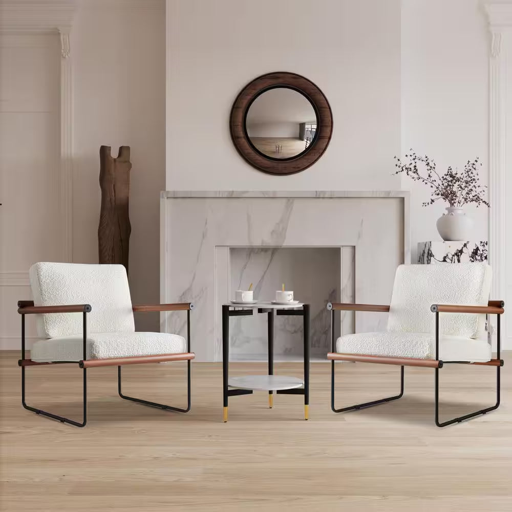 16.7 In. White round Slate Stone Coffee Table and Single Upholstered Armchair with 3 Pieces