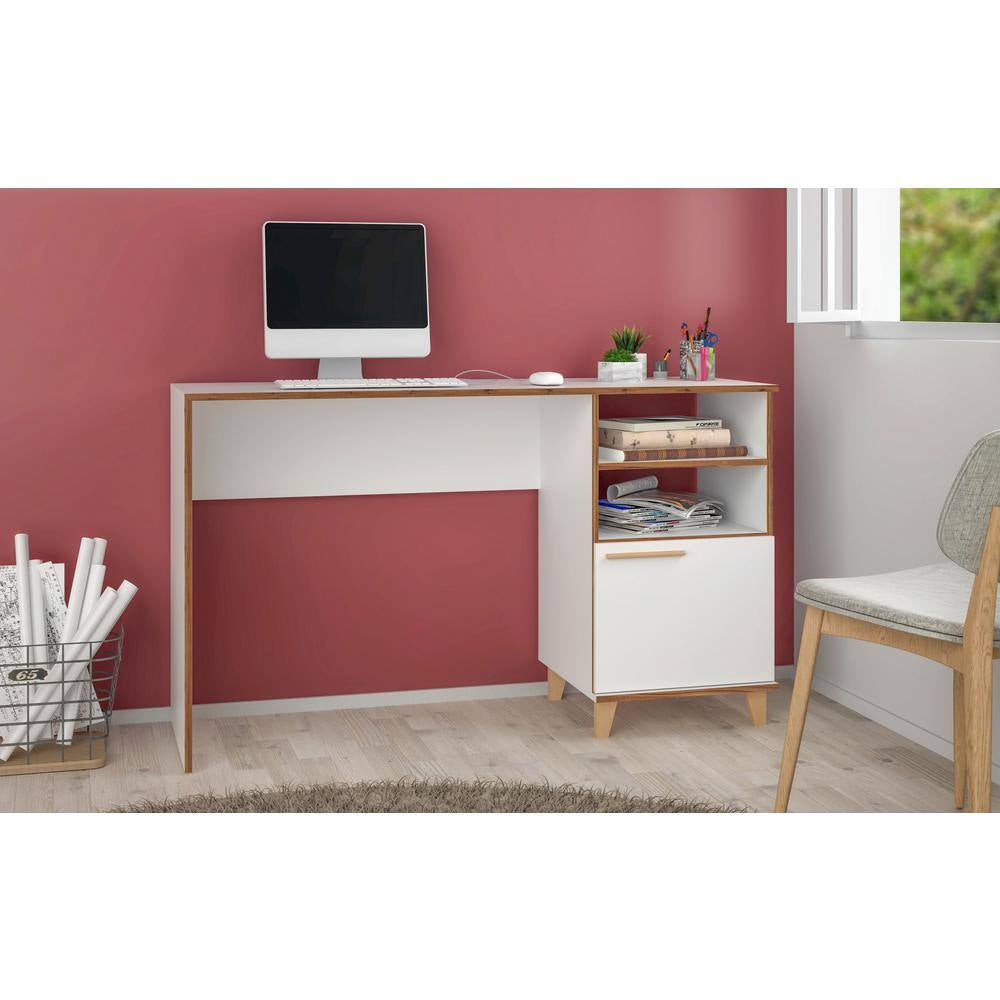 Minetta 53.14 In. Mid-Century Modern Rectangular White and Gold Composite Wood Office Desk with 2-Shelves