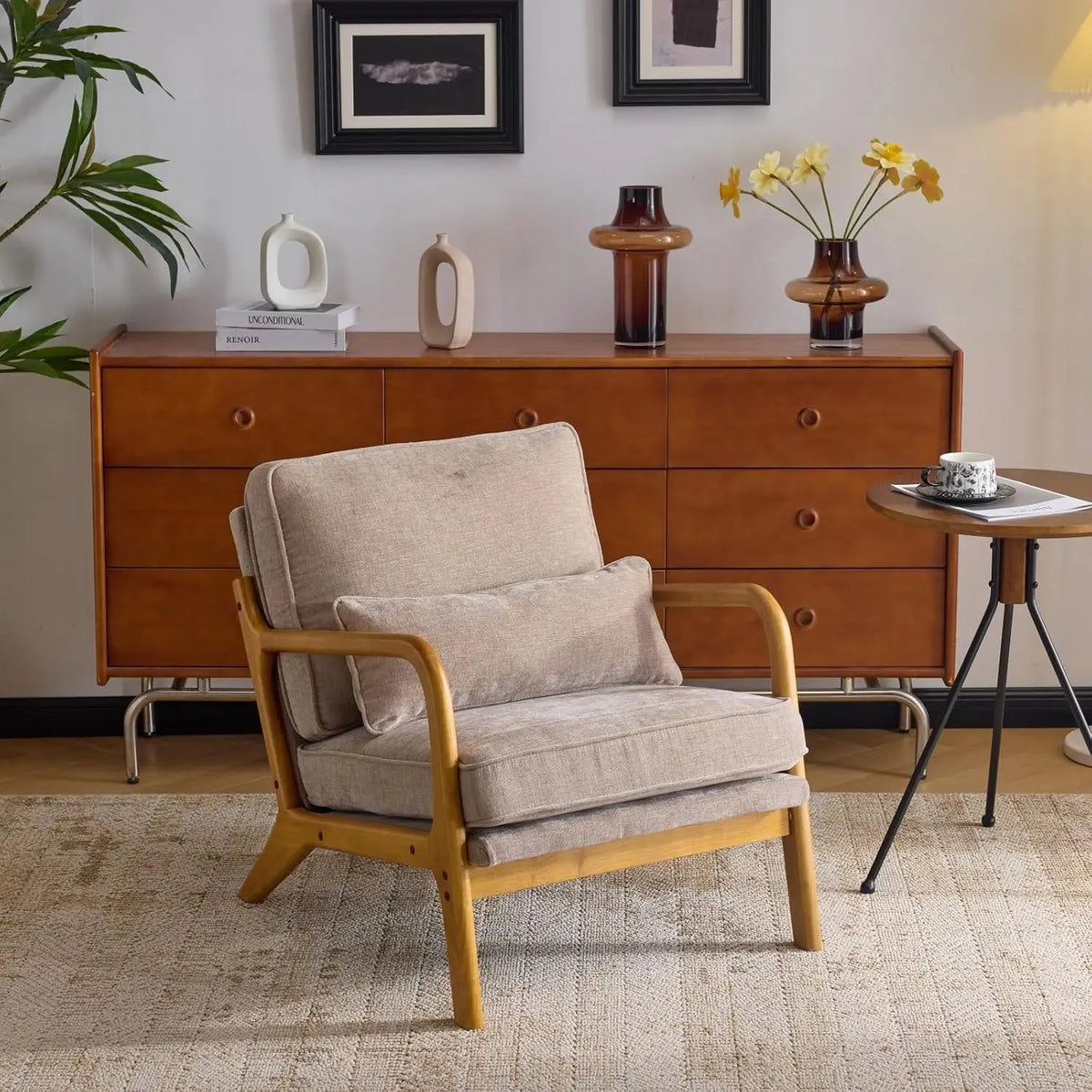 Valencia Collection | Sculptural Desert-Modern Chenille Accent Chair - detail view 16 revealing design nuance in a Mid-Century Modern living room setting.
