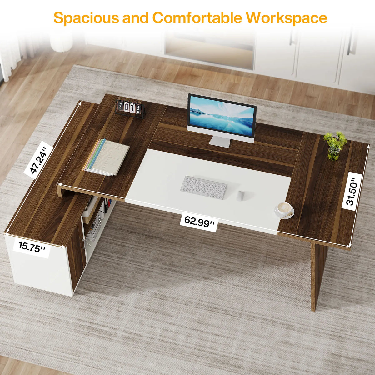 Dresden Collection | Petite Floating Walnut Executive Desk - highlighting material texture and craftsmanship detail in a Mid-Century Modern home office setting.