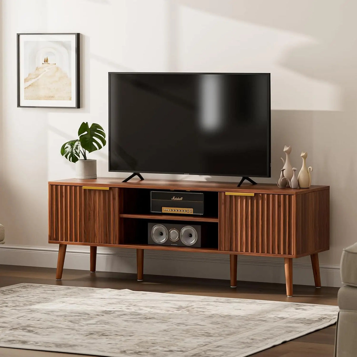 Ellington Collection | Panoramic Fluted Walnut Console - captured in a curated lifestyle vignette in a Mid-Century Modern entryway setting.