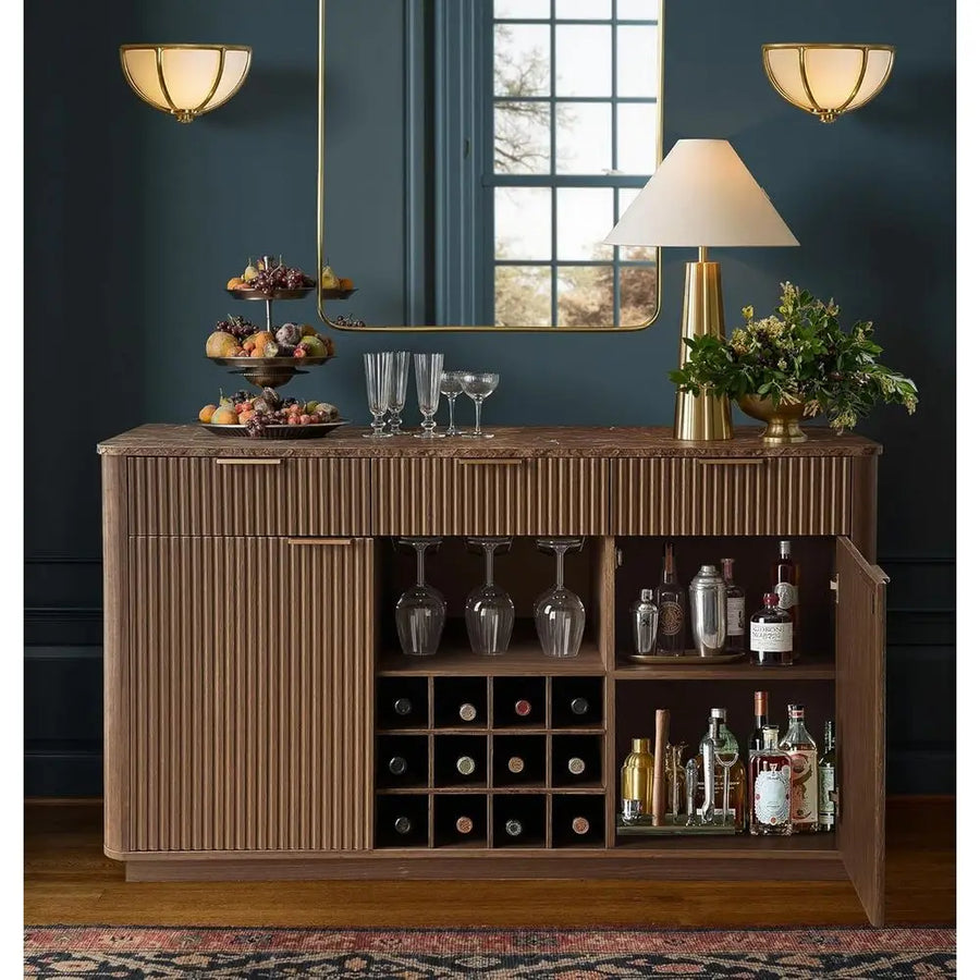 Belmont Collection | Tapered-Leg Glass-Topped Walnut Wine Cabinet - showcasing full sculptural form and curated finish in a Mid-Century Modern dining room setting.