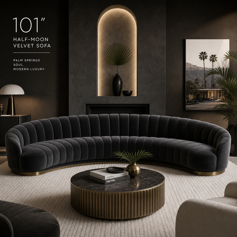 Fontaine Collection | Sculptural Velvet-Cushioned 101-inch Curved Velvet Sofa - showcasing full sculptural form and material finish in a Mid-Century Modern living room setting.