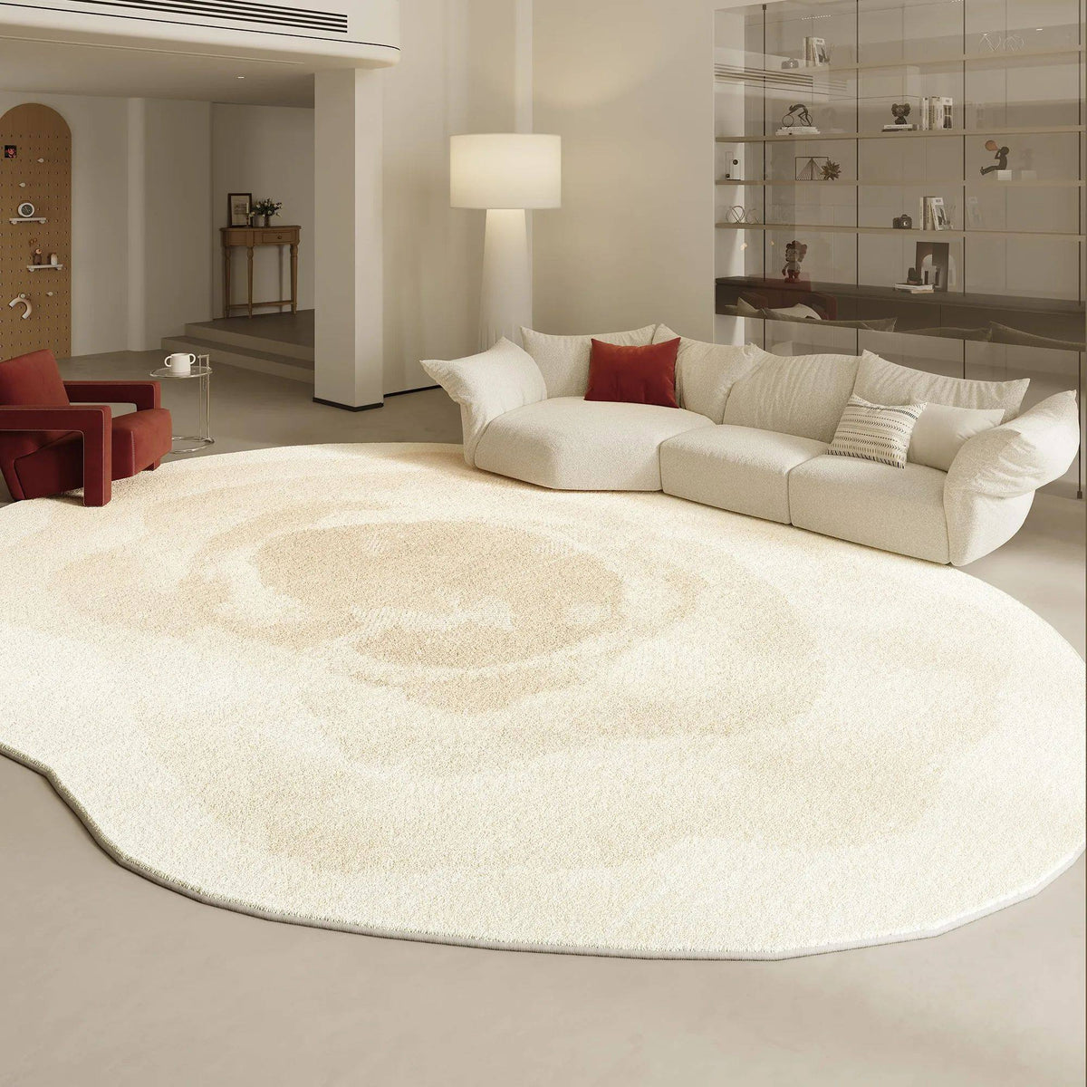 Fontaine Collection | Geometric Atomic-Era Irregular-Form Carpet - featuring close-up joinery and artisanal finish quality in a Mid-Century Modern living room setting.
