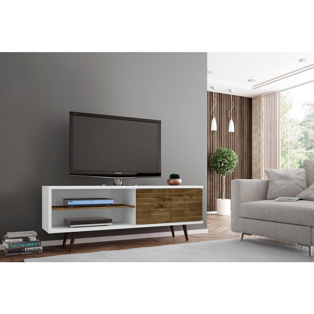 Liberty 62.99 In. White and Rustic Brown TV Stand Fits Tvs up to 60 In. with Storage Doors, Shelves and Cable Management