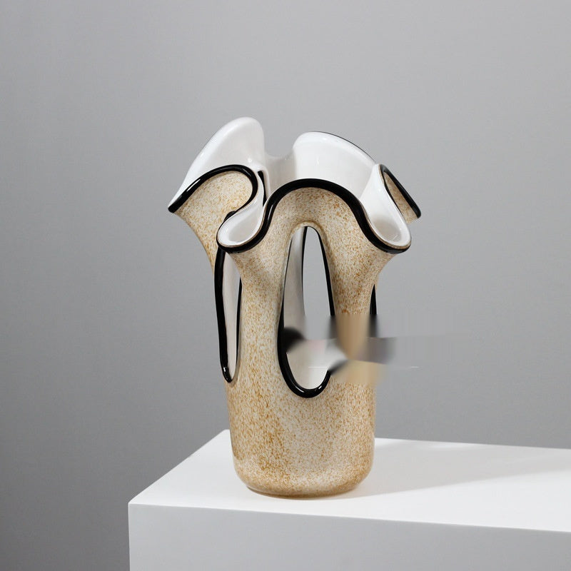 Elegant Petal-Shaped Light Brown Vase with Black Edging