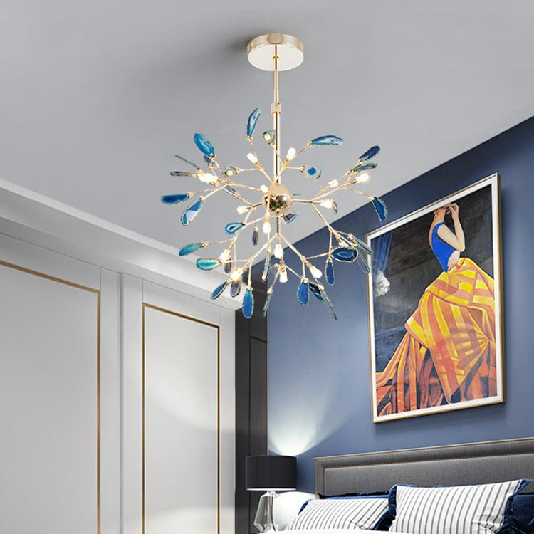 Dresden Collection | Geometric Stone-Top Onyx Chandelier - showcasing full sculptural form and curated finish in a Mid-Century Modern living room setting.