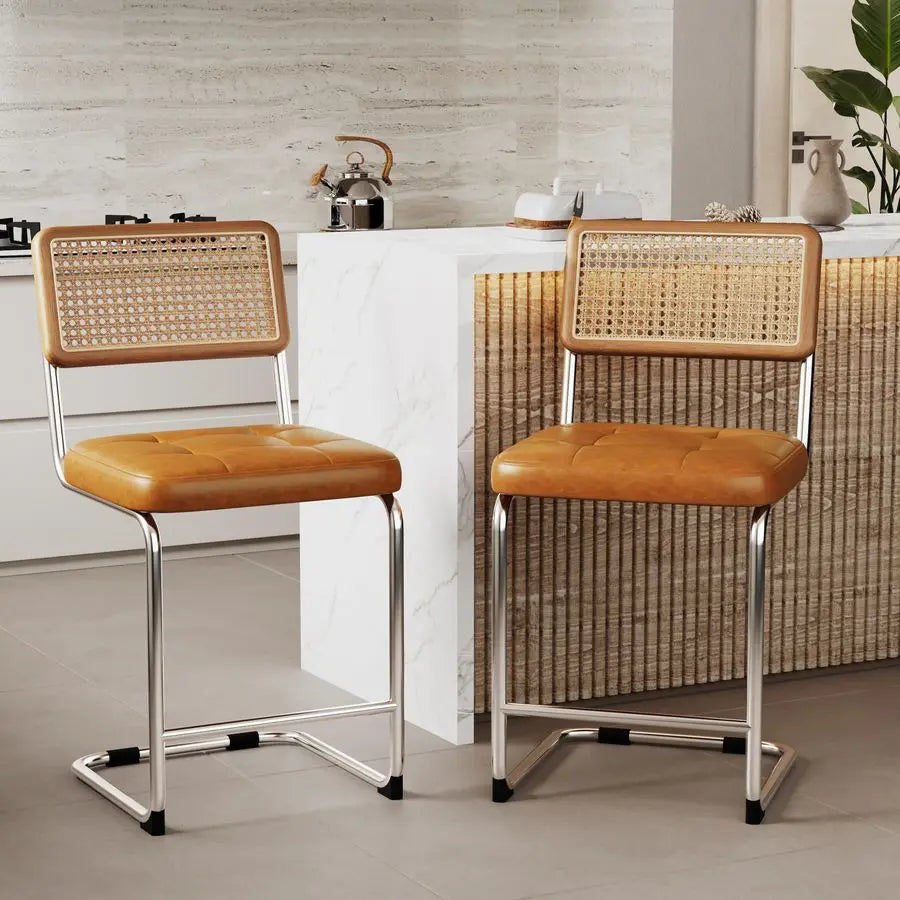 Astoria Collection | Sculptural Rattan-Woven Woven Rattan Bar Stool Set - styled from an alternate angle revealing dimensional depth in a Mid-Century Modern dining room setting.