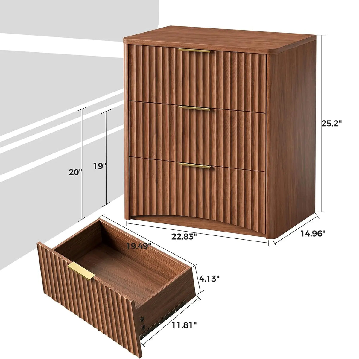 Dresden Collection | Atomic-Era Drawer Fluted Walnut Nightstand - styled from an alternate angle revealing dimensional depth in a Mid-Century Modern bedroom setting.