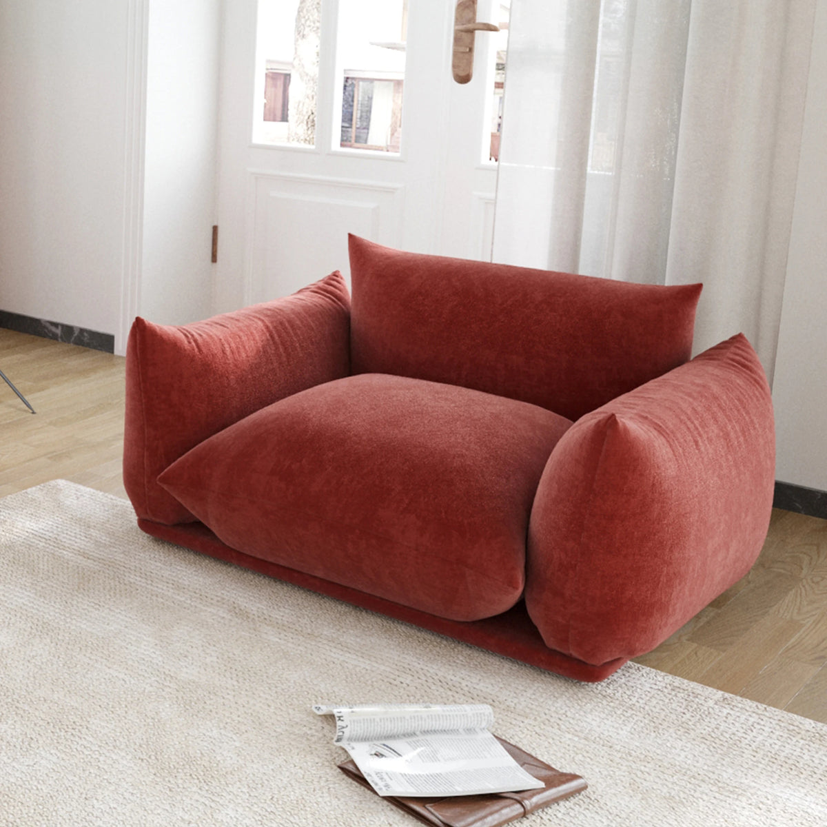Valencia Collection | Gold-Trimmed Atomic-Era Chenille Accent Chair - exhibiting shadow play and geometric silhouette detail in a Mid-Century Modern living room setting.