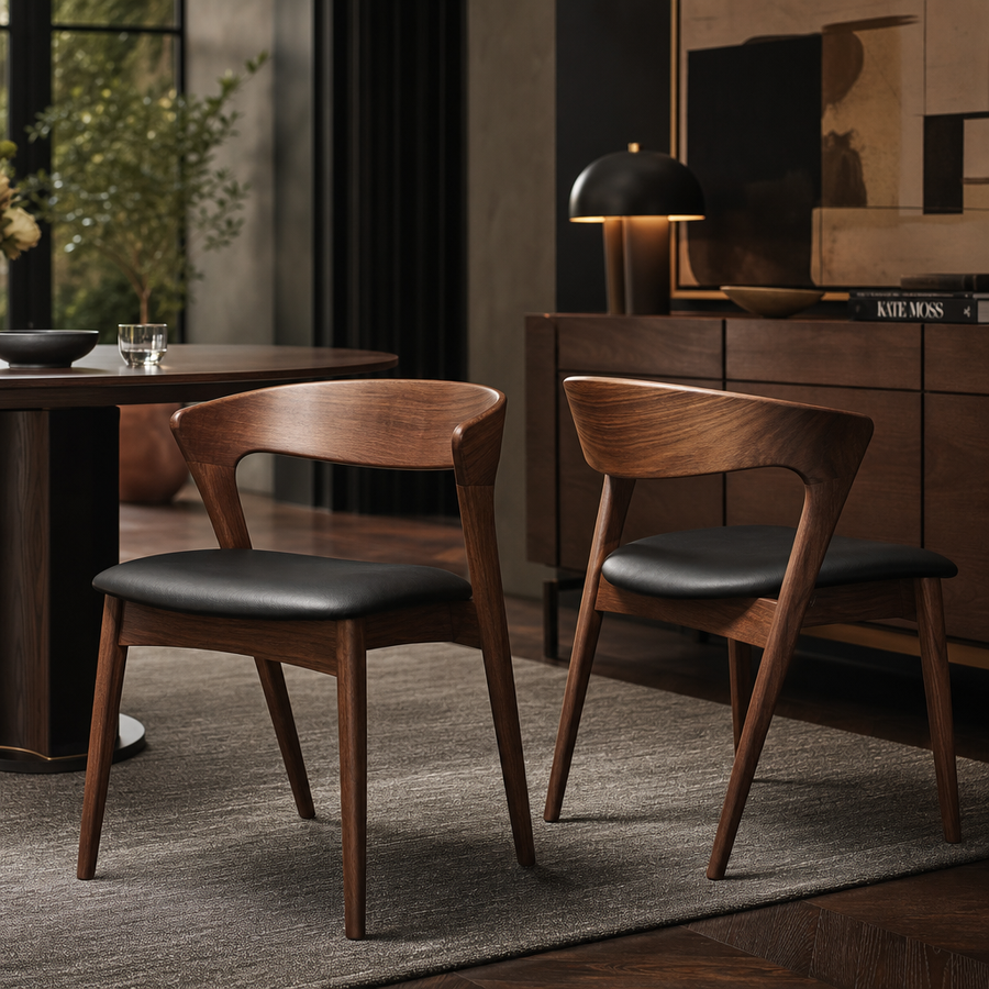 Astoria Collection | Tapered-Leg Leather-Wrapped Walnut & Cognac Leather - showcasing full sculptural form and curated finish in a Mid-Century Modern living room setting.
