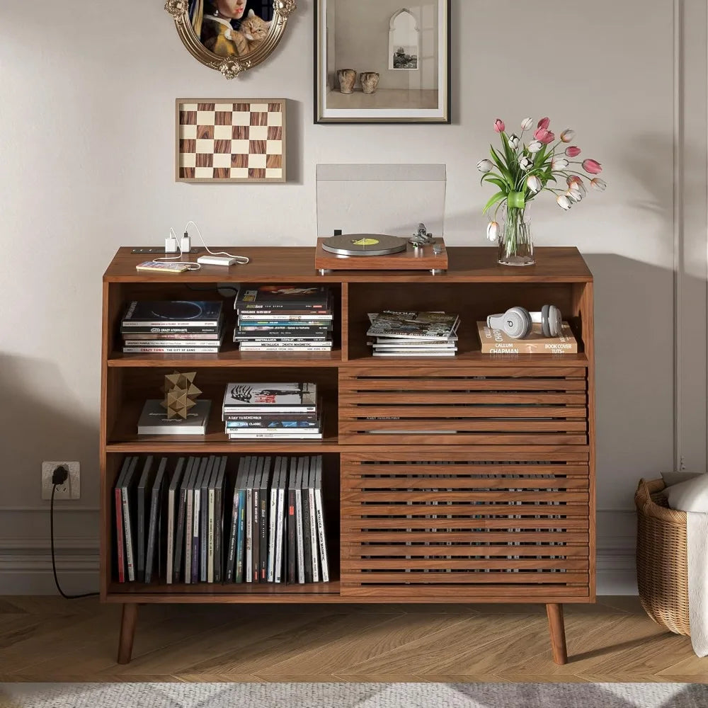 Ellington Collection | Geometric Danish-Inspired Walnut Record Console - featuring close-up joinery and artisanal finish quality in a Mid-Century Modern entryway setting.