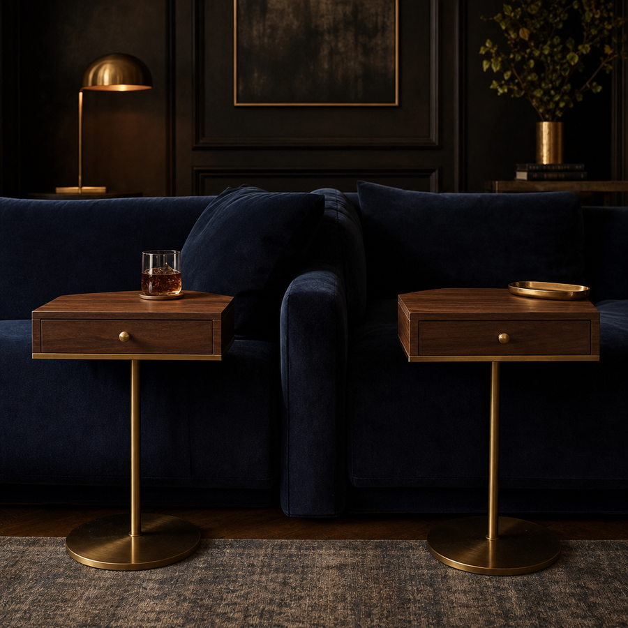 Fontaine Collection | Geometric Brass-Accented Walnut & Brass Pair - showcasing full sculptural form and curated finish in a Mid-Century Modern living room setting.