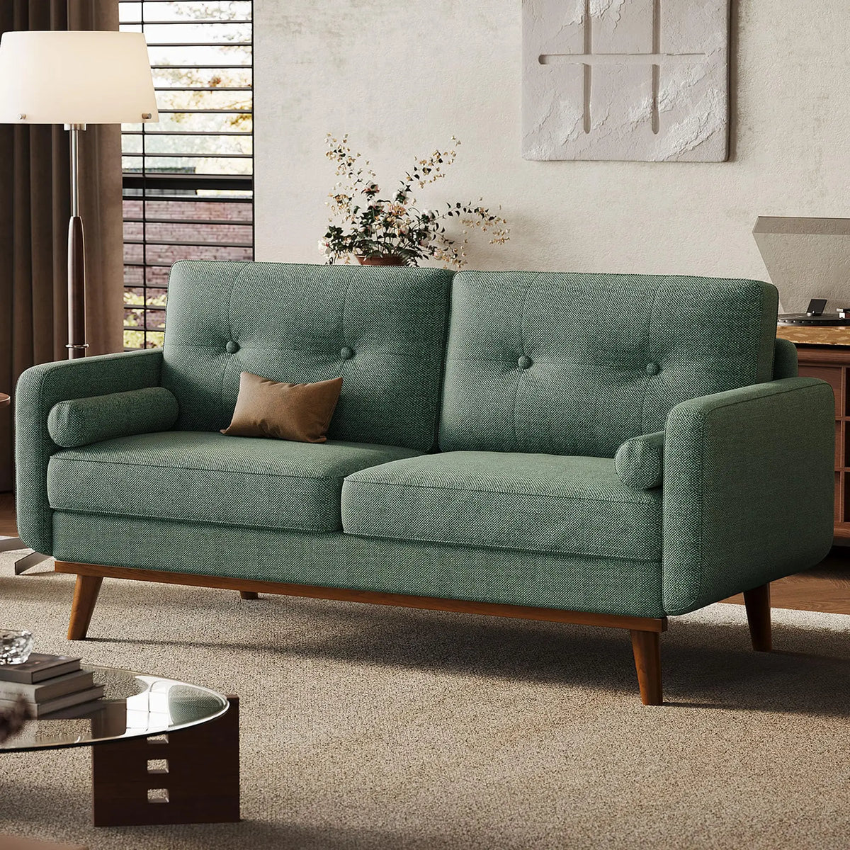 Ellington Collection | Leather-Wrapped Walnut Loveseat - demonstrating proportional harmony within the collection in a Mid-Century Modern living room setting.