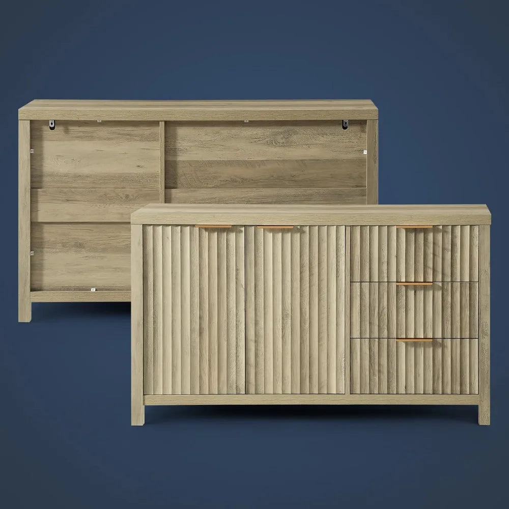 Belmont Collection | Fluted Atomic-Era Sunwashed Ash Fluted Sideboard - captured in a curated lifestyle vignette in a Mid-Century Modern living room setting.