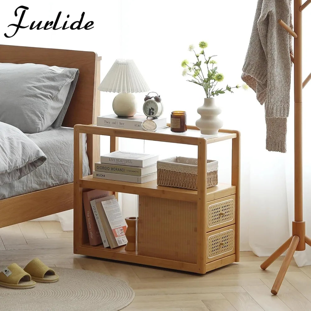 Dresden Collection | Floating Glass-Top Bamboo & Glass Nightstand - featuring close-up joinery and artisanal finish quality in a Mid-Century Modern bedroom setting.