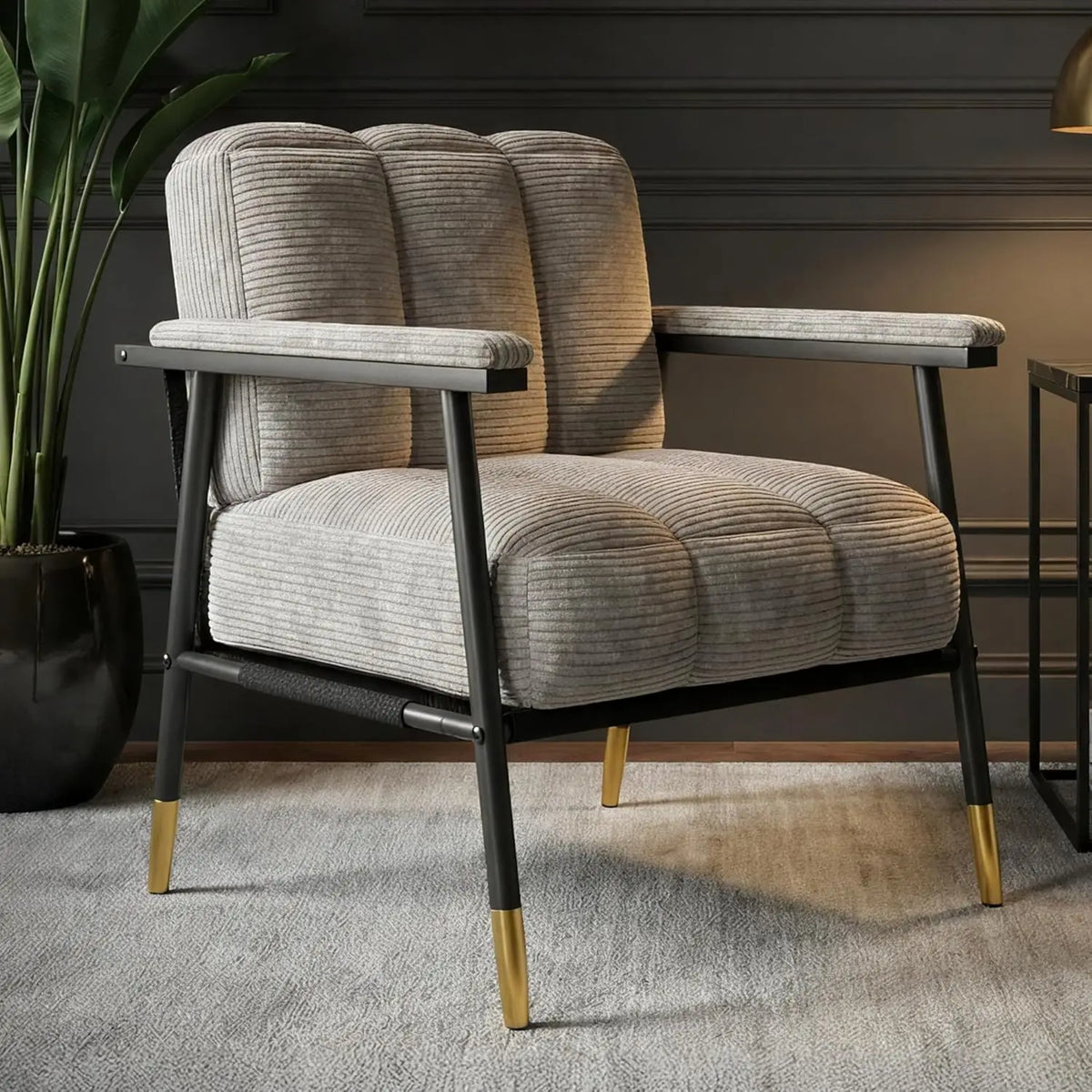 Valencia Collection | Sculptural Chrome-Detailed Corduroy & Chrome Accent Chair - detail view 12 revealing design nuance in a Mid-Century Modern living room setting.