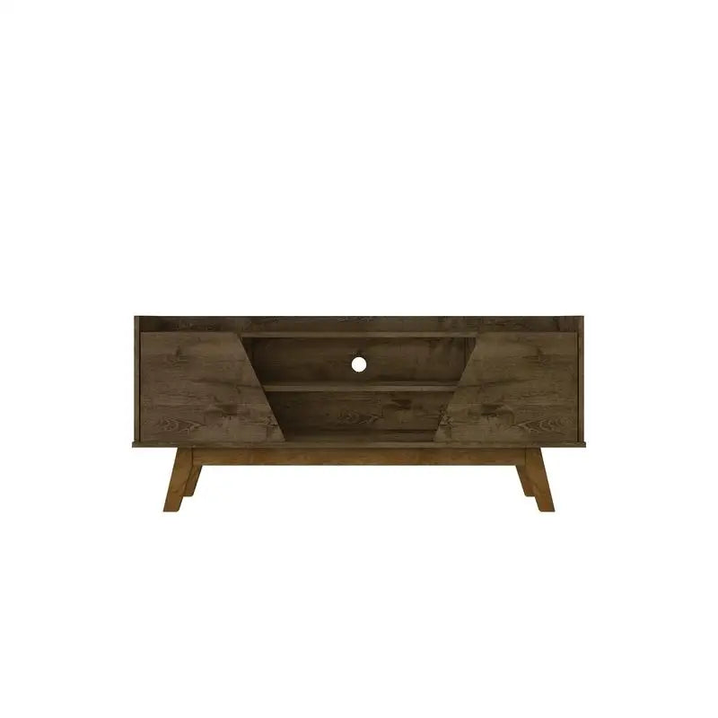Dresden Collection | Floating Brass-Accented Walnut TV Stand - revealing tonal warmth and surface patina under ambient light in a Mid-Century Modern living room setting.