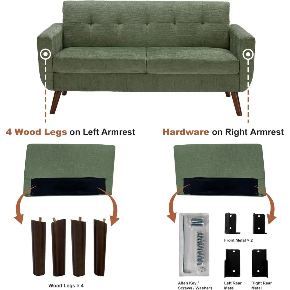 Ellington Collection | Panoramic Tapered-Leg Walnut Loveseat - presented at scale within a designed interior in a Mid-Century Modern living room setting.