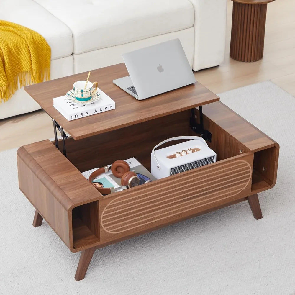 Belmont Collection | Curved Lift-Top Walnut Lift-Top - styled from an alternate angle revealing dimensional depth in a Mid-Century Modern living room setting.