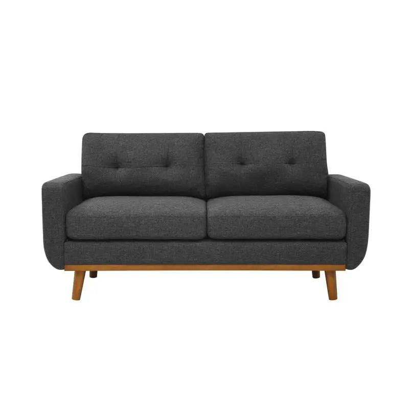 Ellington Collection | Streamlined Velvet-Cushioned Velvet Tufted Loveseat - styled from an alternate angle revealing dimensional depth in a Mid-Century Modern living room setting.